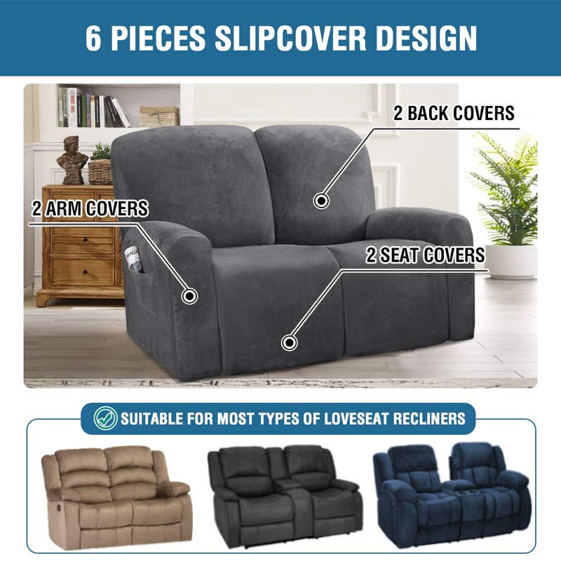 H.VERSAILTEX Velvet Stretch Recliner Couch Covers 6-Pieces Recliner Loveseat Covers for 2 Cushion Couch Recliner Sofa Covers Reclining Slipcovers Form Fitted Thick Soft Washable, Grey - Image 2